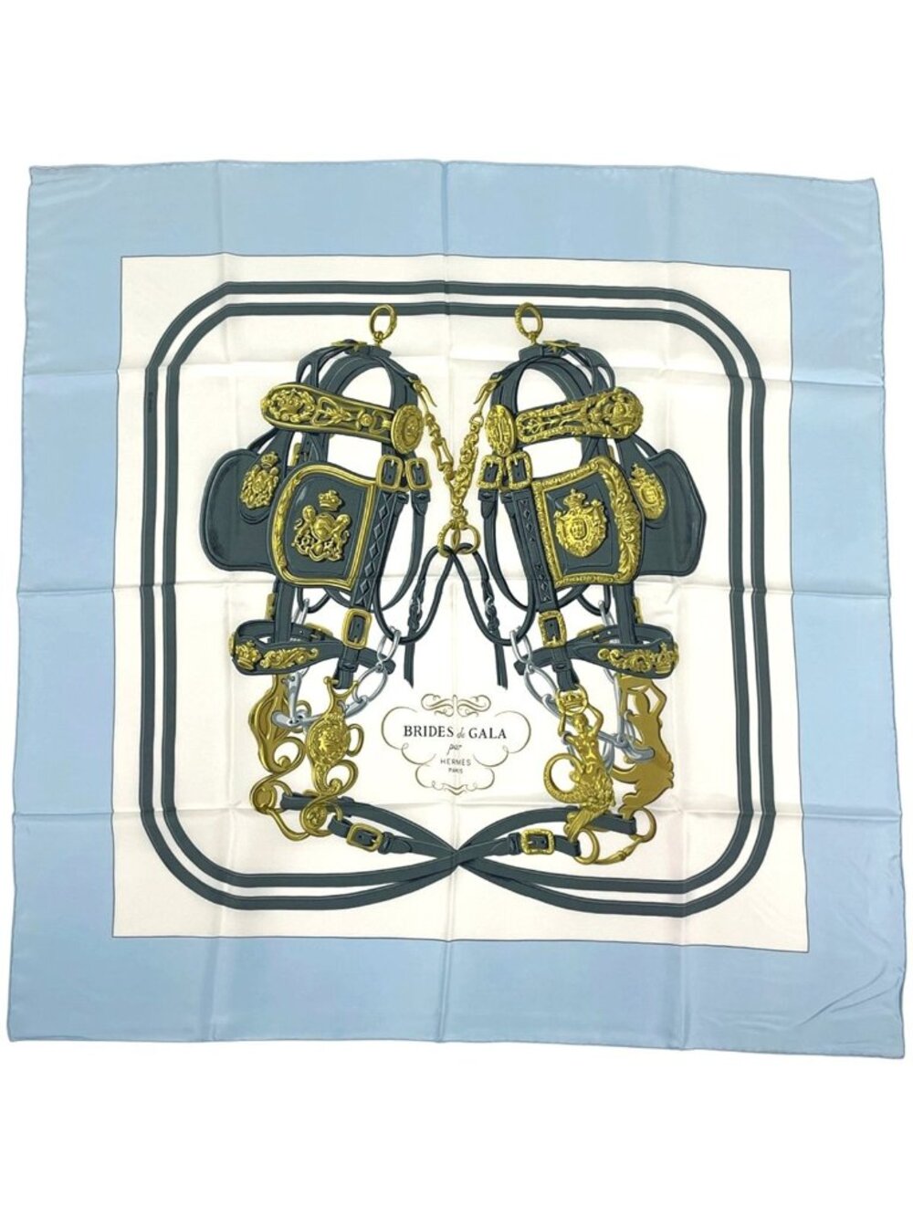 Hermes Carre 90 Brides de Gala Scarf Ceremonial Bridle Harness Silk Light Blue